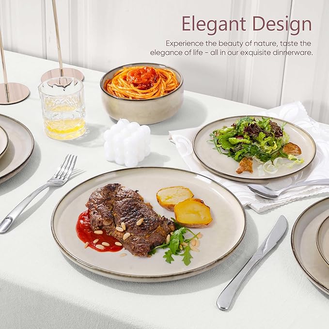 Herogo Stoneware Plates and Bowls Sets for 2, 6 Pieces Modern Round Dinnerware, Reactive Glaze Dishes Set for Kitchen, Chip Resistant, Microwave & Dishwasher Safe, Cream Khaki