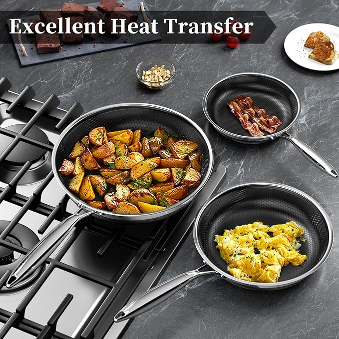 Innerwell Nonstick Frying Pans 8 Inch Hybrid Tri-Ply Stainless Steel Frying Pan Skillet Titanium Ceramic Nonstick Cooking Pan,PFAS/PFOA/PTFE Free,Compatible with All Cooktops