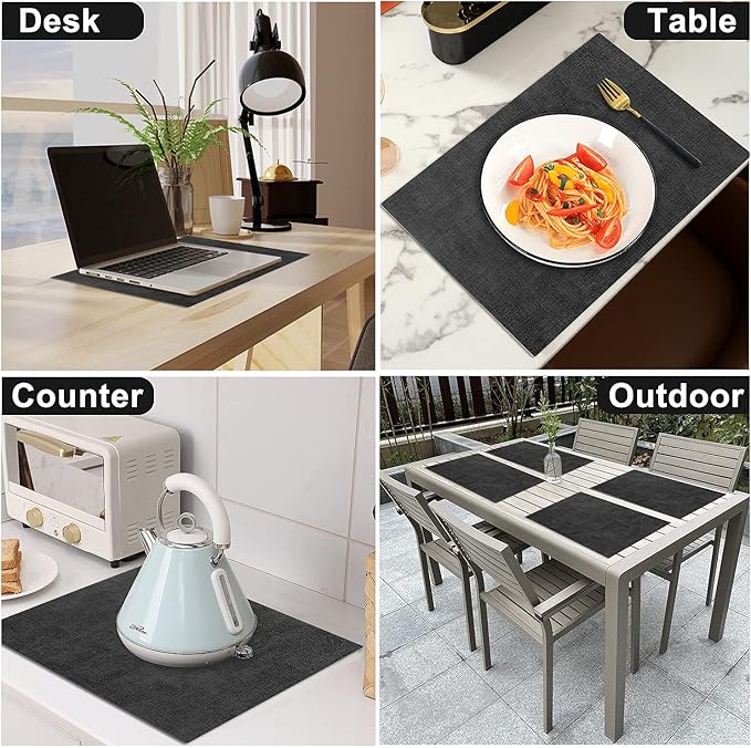 LANDVIEW Leather Heat Resistant Placemats Set of 6 Waterproof Wipeable Washable PU Table Mats,Easy to Clean Anti-Slip Place Mats (Dark Grey, 6)
