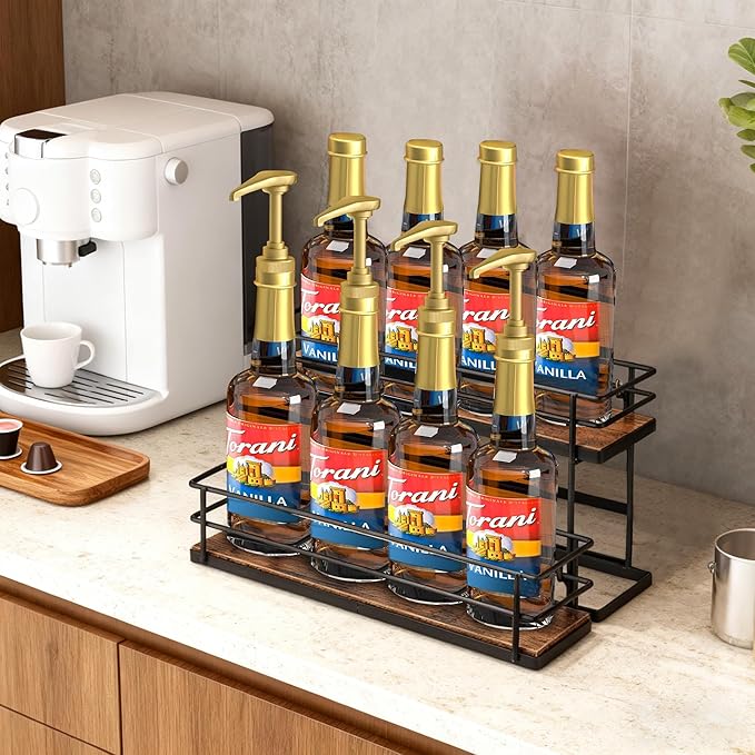 Coffee Syrup Organizer rack, 2 Tier Syrup Holder(8 Bottle Capacity) for coffee bar syrup storage,kitchen condiment organization and wine display.
