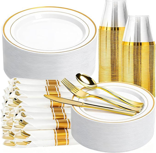 350PCS Gold Plastic Plates Dinnerware Set, Thanksgiving Disposable Plates, 50 Dinner and 50 Dessert Plates, 50 Pre Rolled Napkins with Silverware and 50 Cups for Party and Wedding