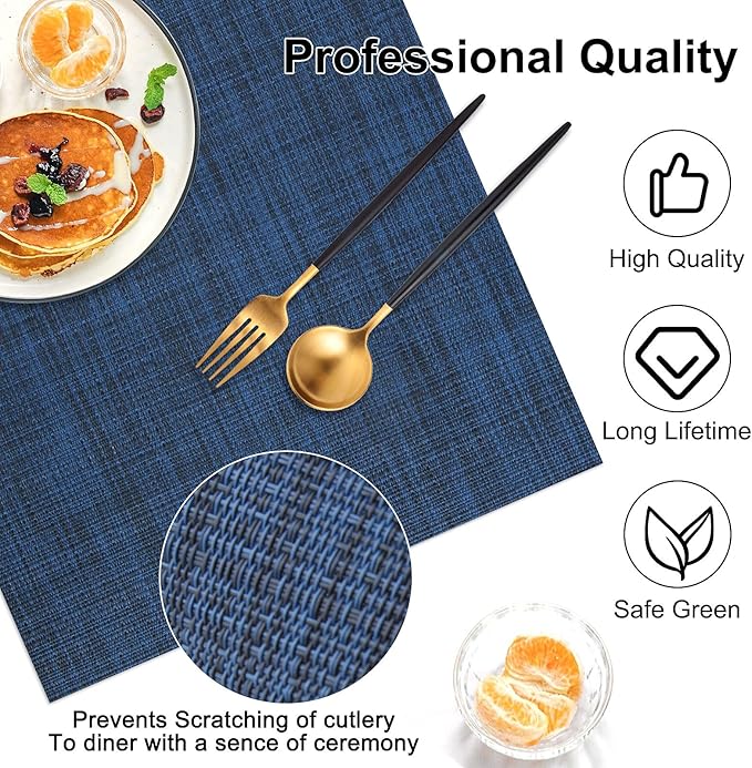 LANDVIEW Vinyl Placemats Set of 4, PVC Woven Washable Non-Slip Table Mats, Heat Resistant Wrinkle Free Place Mats for Dining Table, Easy to Clean (4, Navy Blue)