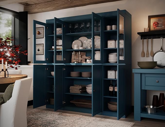 Palace Imports 100% Solid Wood Kitchen China Pantry Cabinet, 65" W - 4 Clear Glass & 4 Shaker Doors, Renewable Eco-Friendly Wood, Made in Brazil (Teal Blue, 8 China/Shaker Doors | NO Drawers)