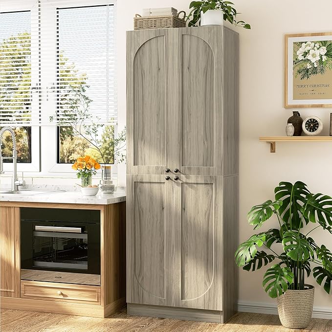 Cyclysio 80" Kitchen Pantry, Extra Tall Arch Storage Cabinet with 4 Doors and Adjustable Shelves, Freestanding Wood Cupboard with Seamless Fit Wall for Dining Living Room Bathroom Furniture (Ash Grey)
