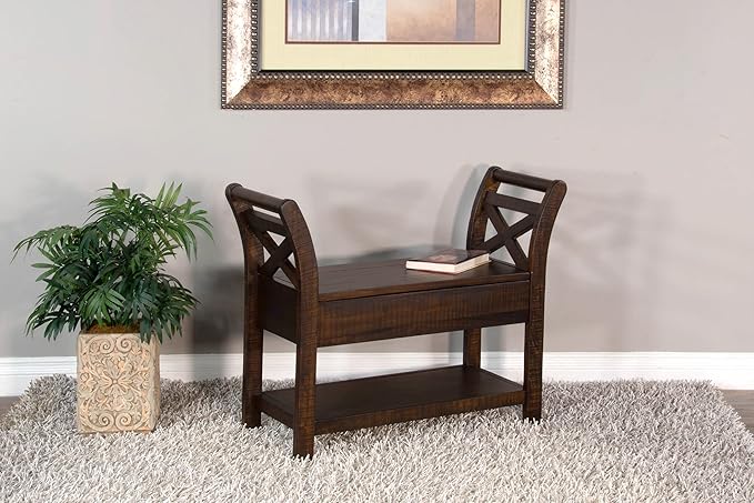 Empire USA Rustic Storage Bench, Mahogany Wood with Lower Shelf (Tobacco Leaf Finish)