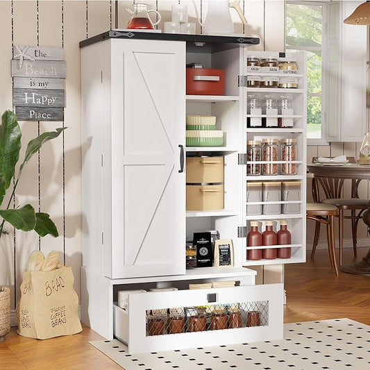 47" Kitchen Pantry Storage Cabinet White Tall Storage Cabinet with Doors, Adjustable Shelves, and Drawer Farmhouse Cupboard for Kitchen, Dining Room, Bathroom 16" D x 24" W x 47"