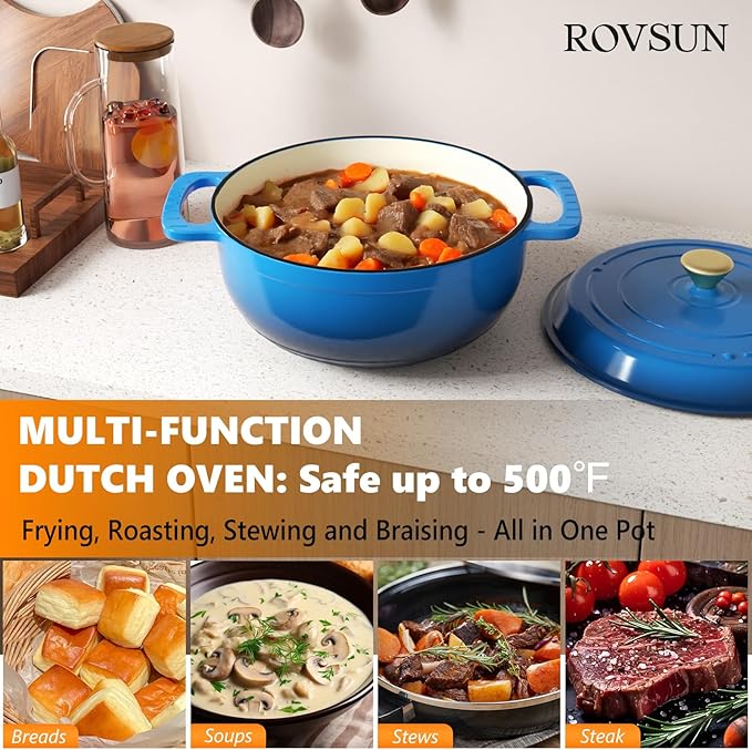 ROVSUN Enameled Cast Iron Round Dutch Oven, 6QT Pot with Lid &Dual Handles with Silicone Gloves,Oven Safe up to 500째F, Heavy-Duty Pre-Seasoned Cookware for Bread Baking, Braising, Stews, Roasting, Blue