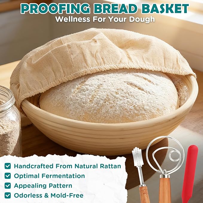Enameled Cast Iron Dutch Oven Pot with Lid, Incl. Sourdough Bread Baking Supplies Like Banneton Bread Proofing Basket, Starter Jar, Scoring Tool Lame, 5QT Dutch Oven for Bread Baking, Oven Safe up to 500째F