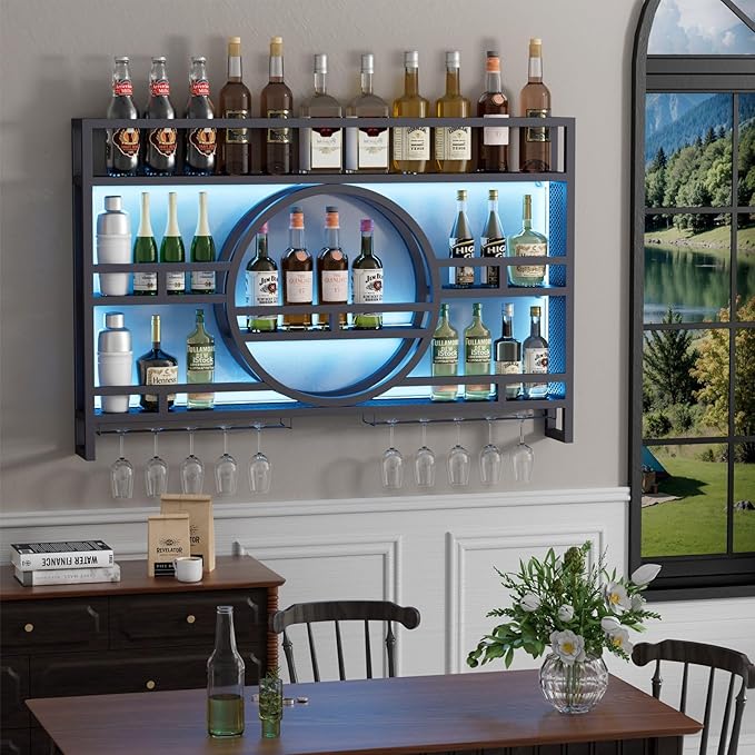3-Tiers 47in Wine Rack Wall Mounted with Upgarded LED, Floating Bar Shelves with Wine Glass Holder Hanging Industrial Liquor Shelf, Wall-Mounted Wine Racks Cabinets for Home Bar, No Assembly Required