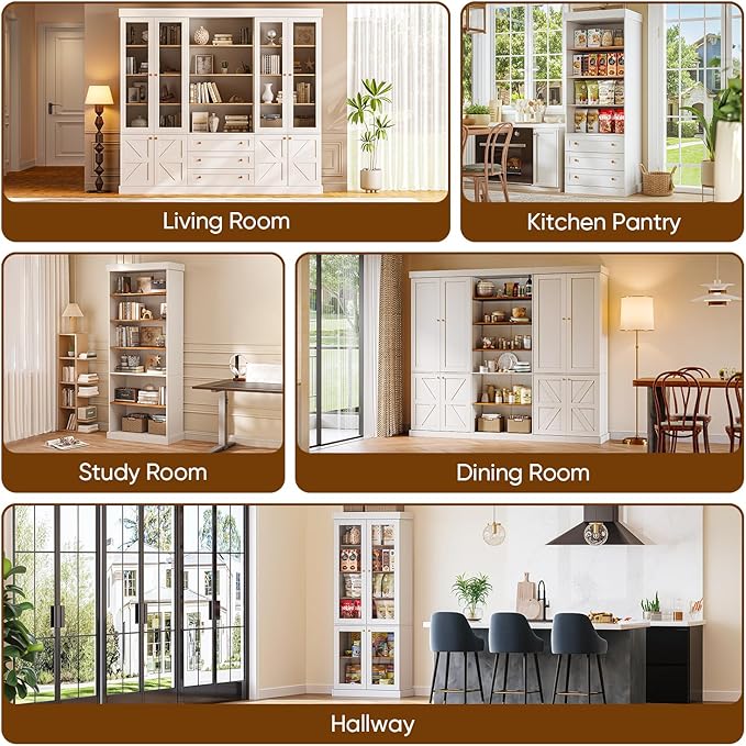70.8" Tall Farmhouse Bookshelf with Glass Doors, Modular Bookcase with 6-Tier Adjustable Shelves, Large Storage Cabinet for Kitchen, Living Room, White, Set of 4