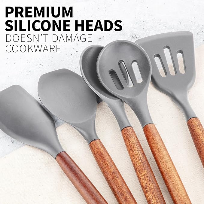 Zulay Kitchen Utensils Set Non-Stick Silicone Cooking Utensils Set with Authentic Acacia Wood Handles - 5 Piece Silicone Utensil Set - Kitchen Utensils Set with 464째F Heat Resistance - Gray