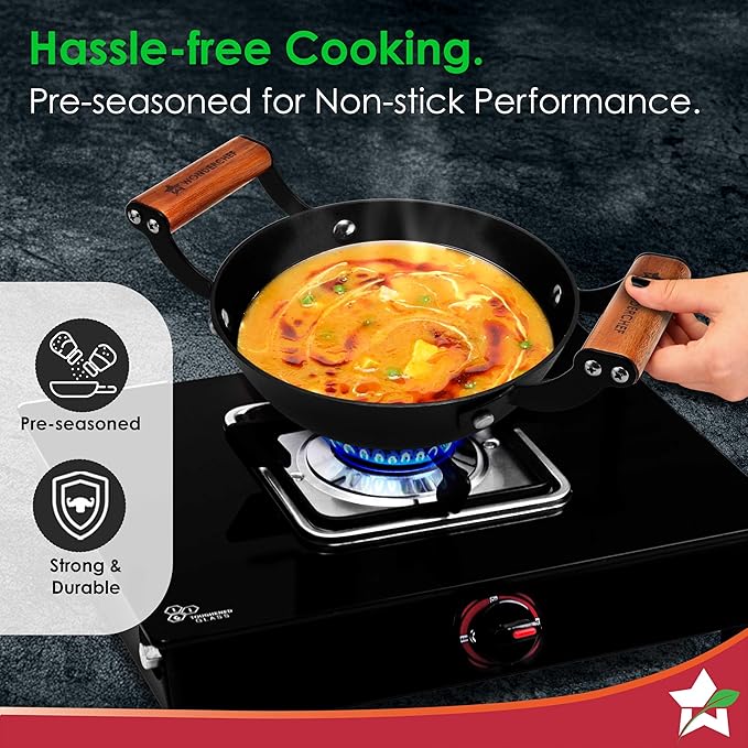 Wonderchef Pre-Seasoned Ferro Light Kadhai 3.2L Acacia Wooden Handles Gravity Moulding Technology No Chemical Coating 10 Year 28cm Black