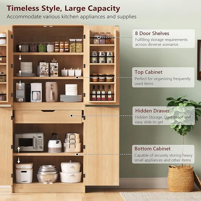 72" Tall Farmhouse Kitchen Pantry Cabinet with 8 Door Shelves, Curved Design Storage Cabinet with 3 Adjustable Shelves, Hidden Drawer, Versatile Cupboard for Kitchen, Dining & Bathroom (Nature)