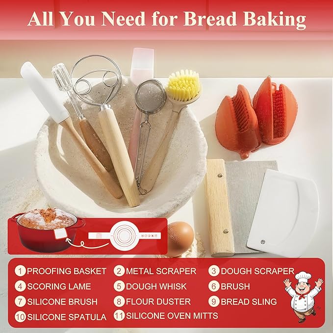 5QT Enameled Cast Iron Dutch Oven for Bread Baking, Sourdough Bread Making Supplies Tools Starter Kit, Dutch Oven Pot with Lid, Banneton Bread Proofing Basket and Scoring Lame, Red Christmas Gifts Idea