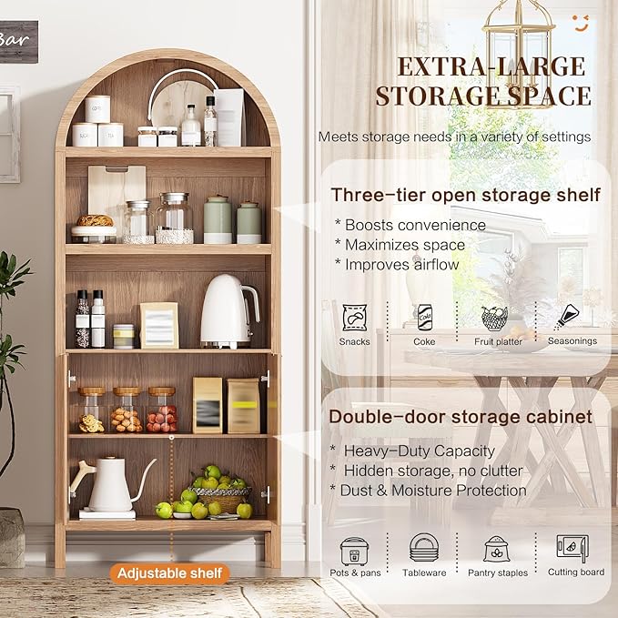 71" Tall Arched Kitchen Pantry,Modern Fluted Wood Storage Cabinet with Doors,Adjustable Shelves,Organizer, Versatile Cupboard for Kitchen,Living Room,Dining Room,Bathroom,Wood