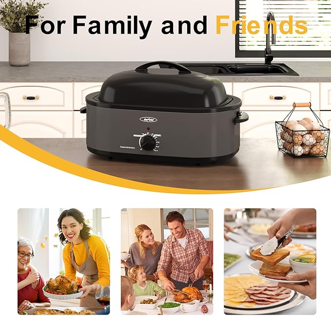 RoyalCraft 26-Quart Electric Roaster Oven with Visible Self-Basting Lid, Turkey Roaster Oven with Removable Pan and Rack, Perfect for Large Meals and Holiday Feasts, Grey