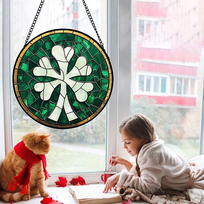 Stained Glass Window Hanging Green Clover 6.3" - Suncatcher Door Garden Sun Catcher Home Ireland Decor Birthday Mother's Day St Patrick's Day Gifts for Mom Men Woman Wife Friend