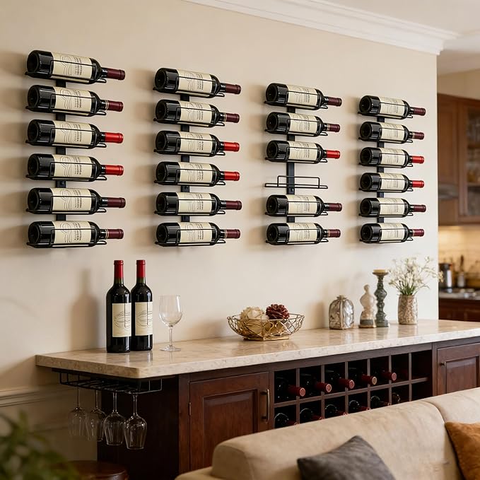 Modern Wall Mounted Wine Rack, Black Metal 24-Wine Bottle Holder for Wall Storage Display, Vertical Space Saving Design for Home Bar, Kitchen, Restaurant