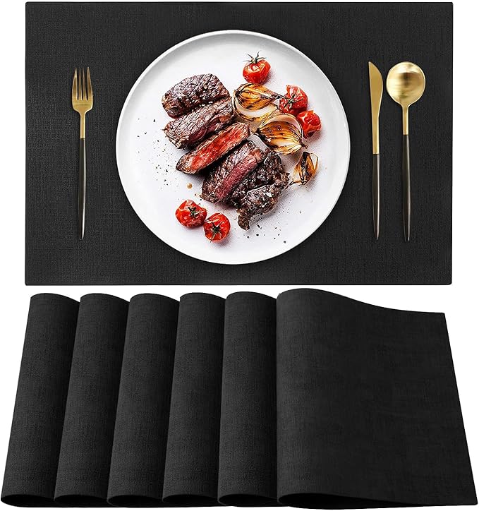 LANDVIEW Leather Heat Resistant Placemats Set of 6 Waterproof Wipeable Washable PU Table Mats,Easy to Clean Anti-Slip Place Mats (Black, 6)