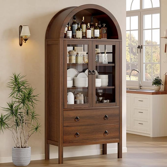 Arched Cabinet, 71" Tall Wooden Storage Cabinet, Arched Bookshelf with Glass Doors and Drawer for Living Room, Kitchen, Dining Room (Brown)