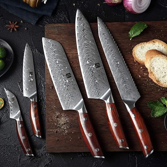 XINZUO 5 Pcs Knife Set, Professional Super Damscus Steel Kitchen Knife Set, Ultra Sharp Blade, Natural Rose Handle, Chef Gift Box-Yi Series
