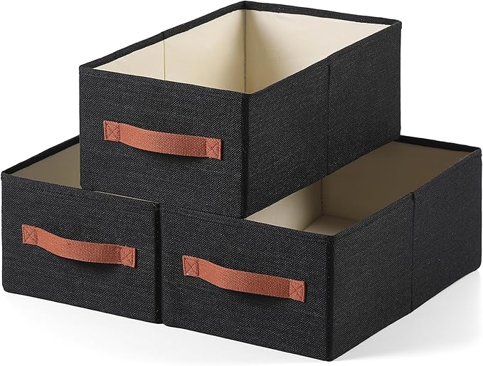 linen closet organizers and storage, 3 Pack Large Storage Baskets, Washable, Clothing Storage Bins with Handle, Closet Organizer for Storage Sweater,Sheets (Black, 16"x9쩍"x6쩐")