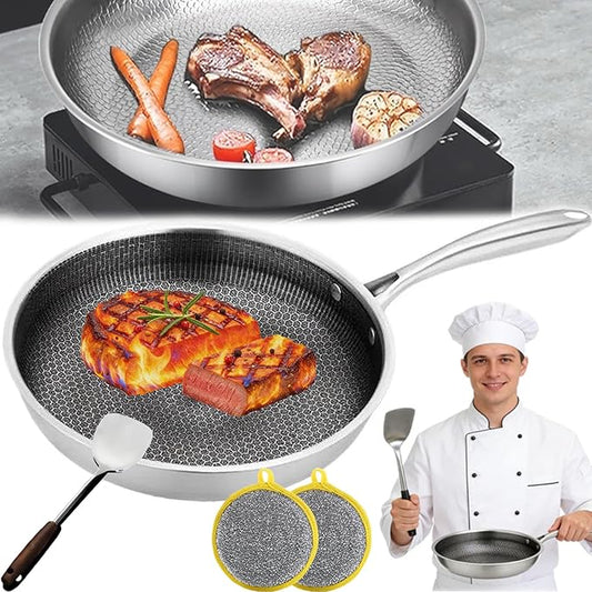 Stainless Steel Hammered Pan Pro, Titanium Full-Screen Honeycomb Wok, Fast Heating, Non-Stick Titanium Pan Without Coating, Includes Spatula and Cleaning Brush for All Cooktops (11in hammered *1)