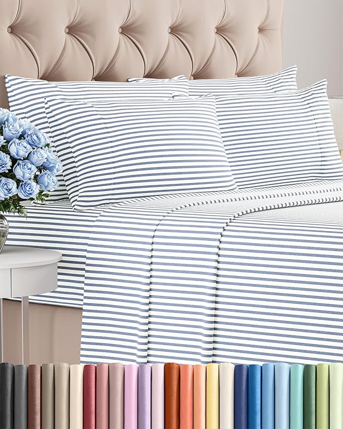 Queen 6 Piece Sheet Set - Cooling & Breathable Bed Sheets - Hotel Luxury Bed Sheets for Women, Men, Kids & Teens - Bedding w/Deep Pockets & Easy Fit - Soft & Wrinkle Free - Queen Blue Stripes Sheets