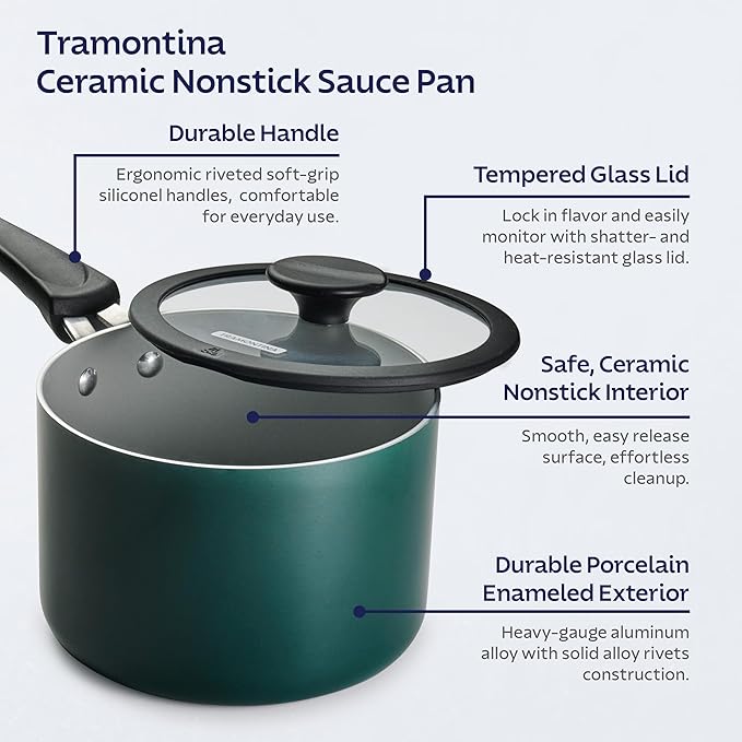 Tramontina Ceramic Non Stick 6-Piece Nesting Sauce Pan Set with Lids - Stackable Nonstick Cookware Set, Dishwasher and Oven Safe, Teal