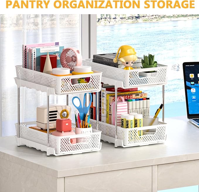 4 Pack Pull Out Bathroom Organizers and Storage, 2 Tier Stackable Under Sink Storage Organizer for Bathroom, Kitchen Cabinet, Pantry, and Medicine Holder, Organization and Storage - White