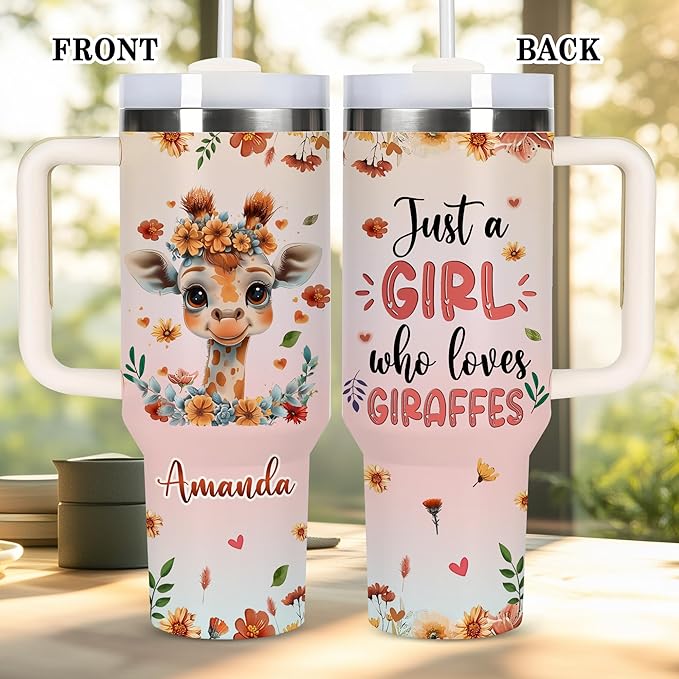 AGGLOMEKC Personalized Cute Giraffes Cup - Mother's Day Birthday Gift For Animal Lovers - Just A Girl Who Loves Giraffes Tumbler 40oz With Custom Name - Pet Lover Gifts For Women, Her