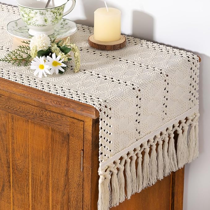 Socomi Boho Table Runner Valentine's Day Farmhouse Rustic Dining Kitchen Centerpiece Decor Small Macrame Woven Cotton Linen Coffee Table Runner for Dresser Scarf Home Decor 12x48 inch Beige