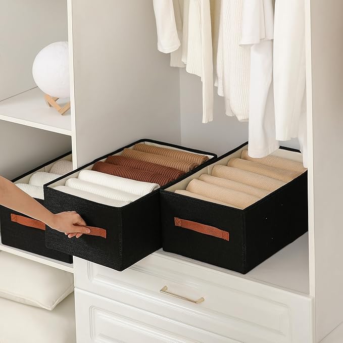 linen closet organizers and storage, 3 Pack Large Storage Baskets, Washable, Clothing Storage Bins with Handle, Closet Organizer for Storage Sweater,Sheets (Black, 18쩍"x11"x8쩍")