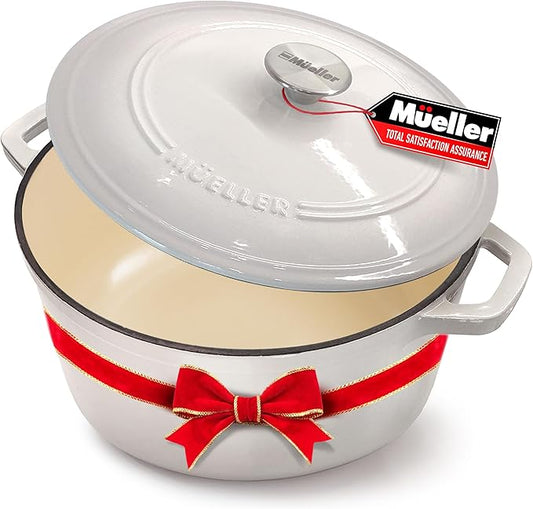 MUELLER HOME 7.5 QT Enameled Cast Iron Dutch Oven, Heavy-Duty Casserole Dish and Braiser Pan with Lid and Stainless Knob, Oven-Safe up to 500째 F & Across All Cooktops, Oyster White