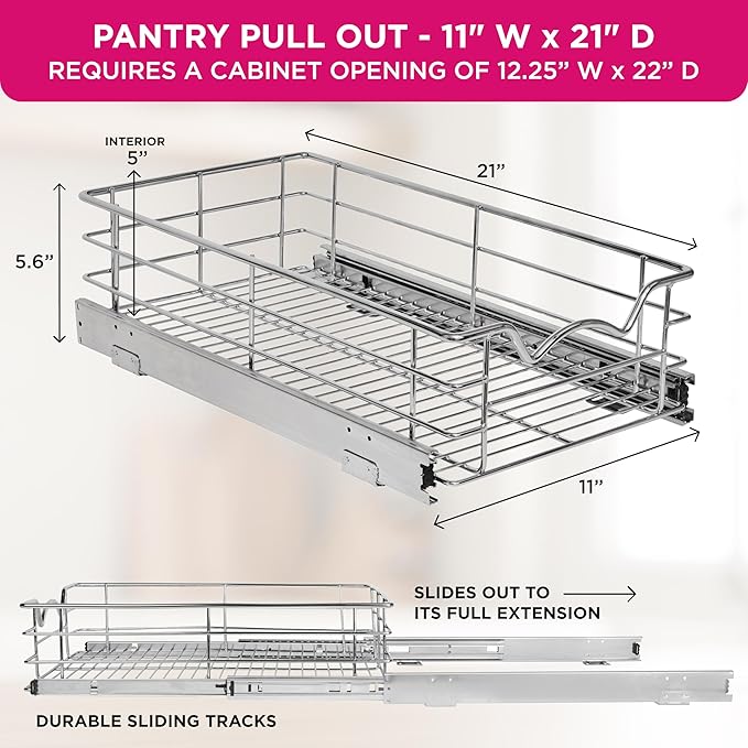 HOLDN??STORAGE Heavy-Duty Premium Collection Pull Out Cabinet Organizer, Cabinet Drawer Slide Outs, Lifetime Limited Warranty - Basket Size 11" W x 21" D x 5" H, Anti-Rust Chrome Finish