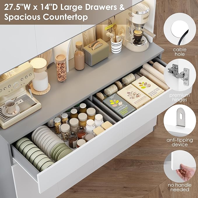 Keyluv 75" H LED Kitchen Pantry Cabinet with Doors, Large Kitchen Hutch Storage Cabinet with Drawers and Lights, Food Pantry with Microwave Stand and Coffee Bar, Adjustable Shelves, White/Gray