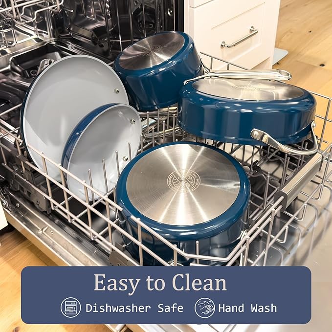 Ceramic Cookware Set Nonstick Pots and Pans Set with Lid PFAS-Free Non Toxic Cookware Set with Advanced G7 Ceramic Coating, Oven Safe Up To 500째F, Quick & Even Heat Distribution, Navy Blue