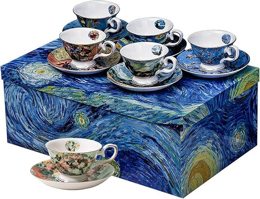 Van Gogh Bone China Set of 6 Cups and Saucers With Rack, Coffee Cup and Saucer Set With Gift Box, 7.4-Ounce Art Coffee Mugs Set - Perfect Birthday/Holiday/Wedding Gift (Blue set for 6)