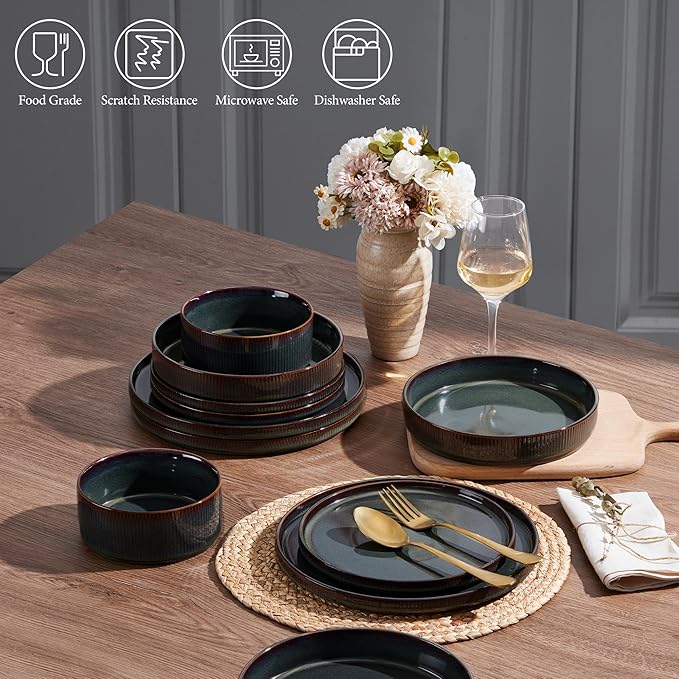 E-far 16 Piece Dinnerware Sets, Plates and Bowls with Pasta Bowls Service for 4, Modern Stoneware Ribbed Dishes for Kitchen Dining, Microwave & Dishwasher Safe, Blackish Green