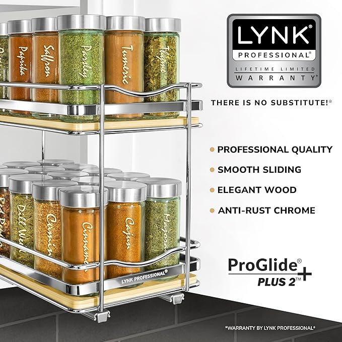 LYNK PROFESSIONAL짰 횋lite??Pull Out Spice Rack Organizer for Inside Kitchen Cabinets - 6-3/8 inch Wide - Slide Out Drawer ??Wood/Chrome Sliding Spice Cabinet Organization Shelf Racks - 2 Tier