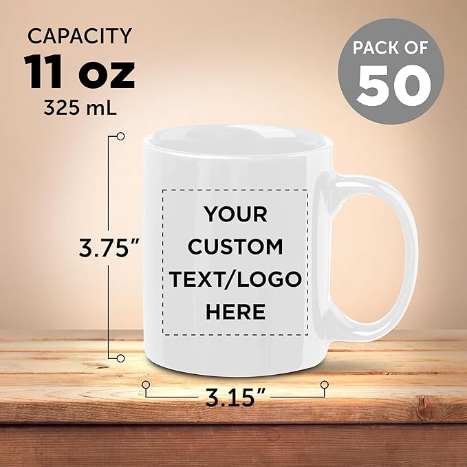 Custom Ceramic Coffee Mugs 11 oz. Set of 50, Personalized Bulk Pack - Coffee cup set, Iced coffee cup, Gaming mug - White