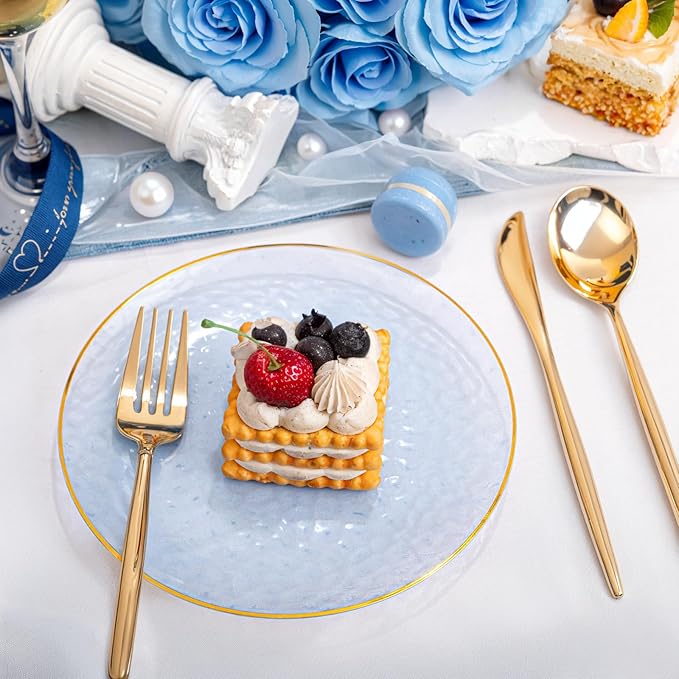 Rubtlamp 100 Pcs Clear Blue Gold Plastic Plates, Clear Hammered Plastic Plates, Blue Party Platos, Disposable Salad/Dessert Platos, 7-Inch Disposable Dessert/Appetizer Platos Perfect For Party