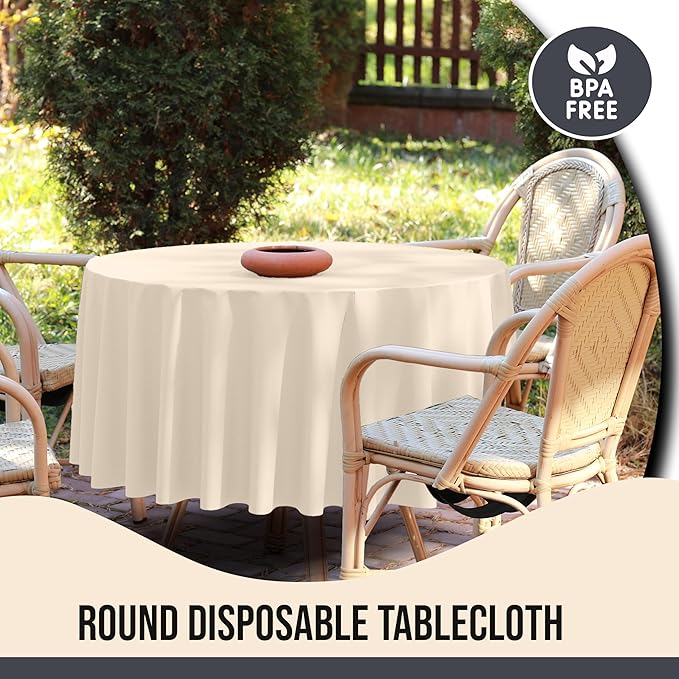 Party Solids 12-Pack Ivory Round Plastic Tablecloth Disposable ??Size: 70 Inches ??Round Plastic Table Cloths for Parties, Picnics & Formal Events