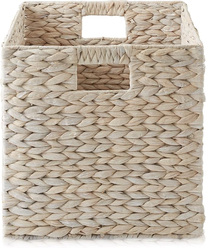 Casafield 12" x 12" Hyacinth Storage Baskets, Whitewash - Set of 6 Storage Organizers, Woven Wicker Cubes for Bathroom, Bedroom, Laundry, Shelves