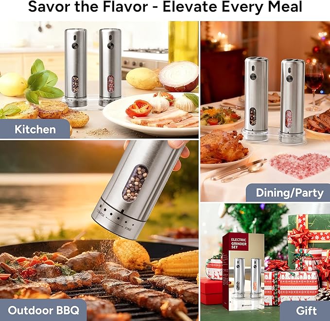 Electric Salt and Pepper Grinder Set, Rechargeable Automatic Salt and Pepper Shakers Mills, 110ml Large Capacity, Stainless Steel, Adjustable Coarseness, LED Light & Base, Ideal for Kitchen & Gifts