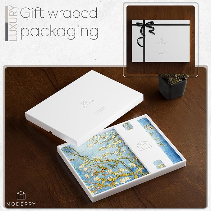 Moderry Set of 4 Heat Resistant Cork Placemats for Dining Table with Free Set of 4 Matching Drink Coasters Van Gough Blue Botanical Design 16 x 12 Inches Cork Backed Hard Placemats (Almond Blossoms)