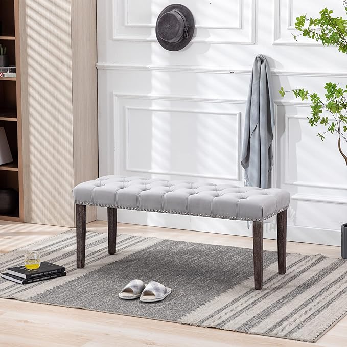 KCC Button-Tufted Ottoman Bench, Upholstered Bedroom Benches Velvet Footrest Stool Accent Bench for Entryway Dining Room Living Room Bedroom End of Bed, Gray