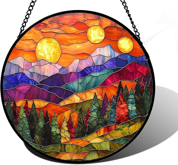 Stained Glass Window Hanging, Sunset Abstract Sun Catchers Colorful Glass Panel Landscape Suncatcher Decor for Birthday for Women, Men, Wife, Aunt, and Mom 9.8 in