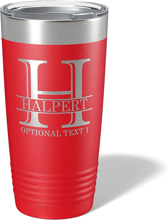 Personalized 20oz (17 Colors) Powder Coated Insulated Stainless Steel Tumbler with Lid, Custom Etched, Customized Engraved Gift Idea for Women Men Her Him, Halpert Monogram Initial Name (Red)