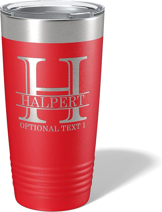Personalized 20oz (17 Colors) Powder Coated Insulated Stainless Steel Tumbler with Lid, Custom Etched, Customized Engraved Gift Idea for Women Men Her Him, Halpert Monogram Initial Name (Red)